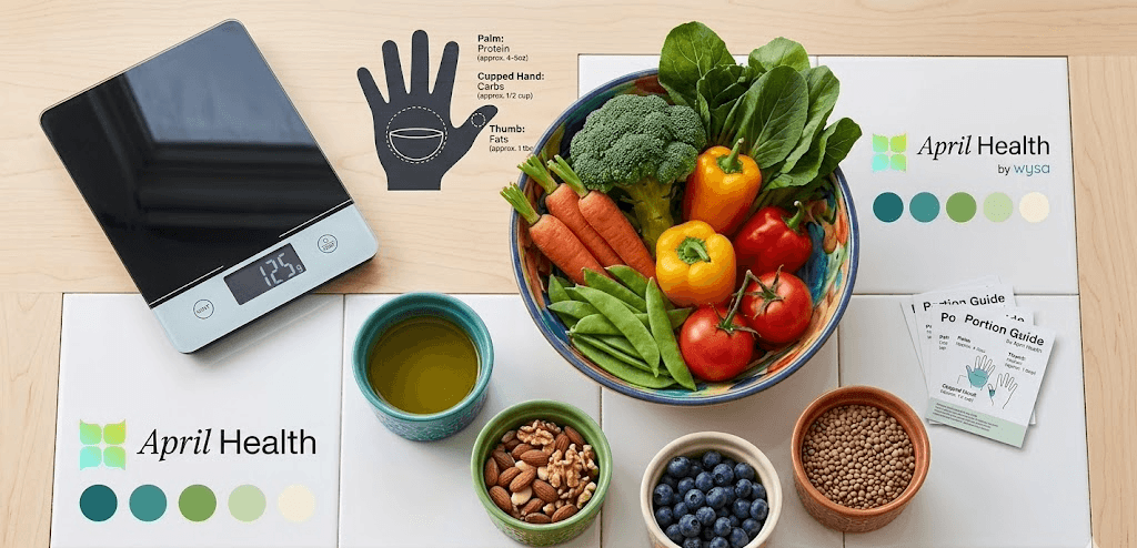 Kitchen/Food scale alongside hand-portion guides, a bowl of vegetables, and small portions of high-calorie-density foods like nuts and olive oil.