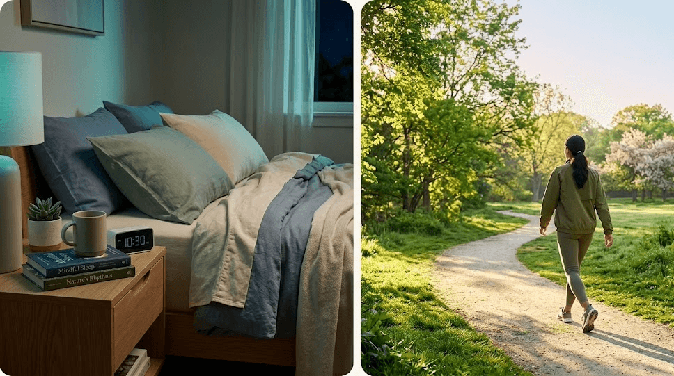 Calm bedroom environment with cool lighting and a glass of water on a nightstand, alongside a person taking a relaxed outdoor walk - representing quality sleep and stress management.
