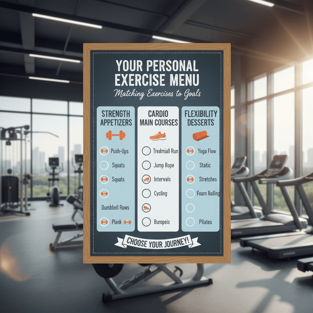A diverse array of exercise equipment and activities arranged like a restaurant menu board, showing different 'meals' for different fitness goals