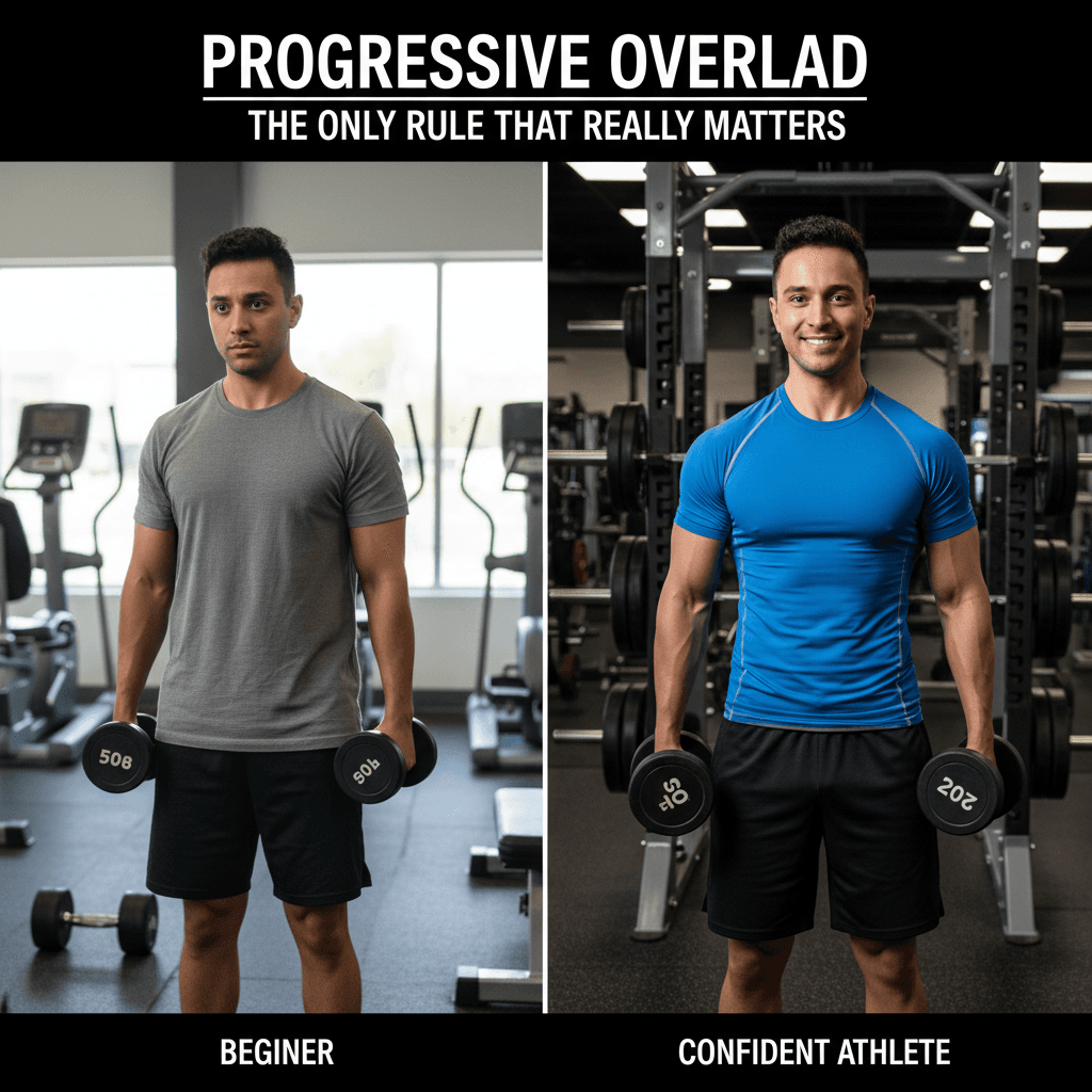 Split image showing progression: left side shows person lifting light dumbbell, right side shows same person months later lifting heavier weight with confident posture