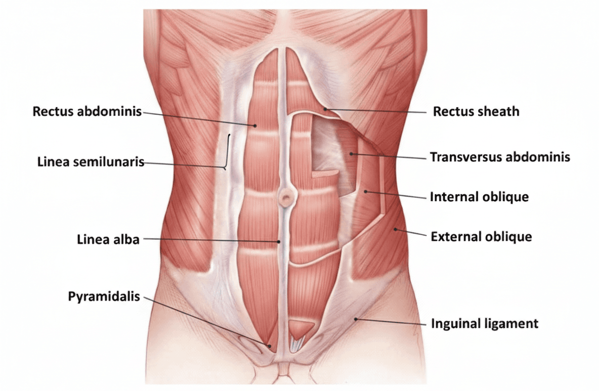 Anatomical illustration showing the core muscles including transverse abdominis, rectus abdominis, obliques, and back muscles highlighted in different colors