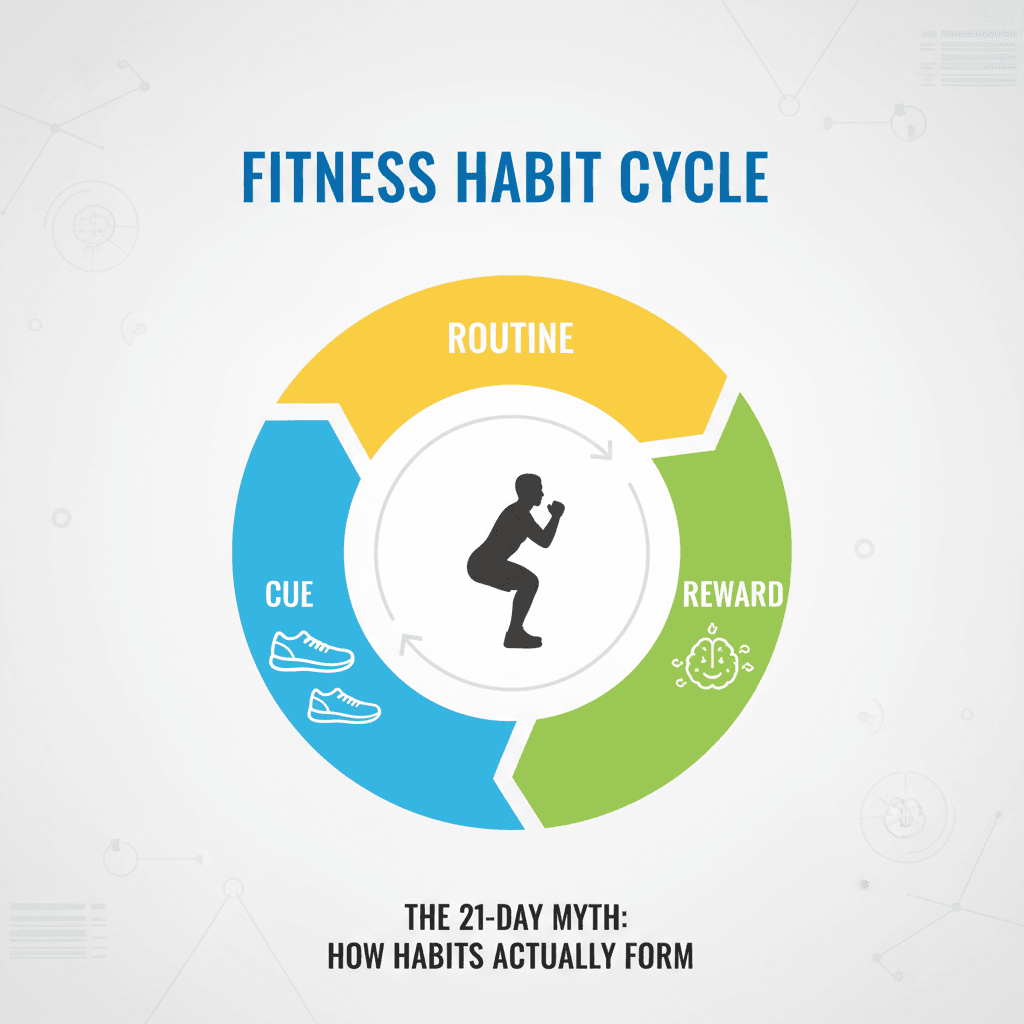 A visual representation of the habit loop showing cue, routine, and reward with fitness examples like workout clothes as cue, exercise as routine, and endorphins as reward