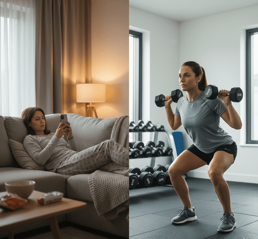Split screen image showing a person lounging on couch looking at phone on left side versus the same person actively exercising on right side, with a clock showing different times